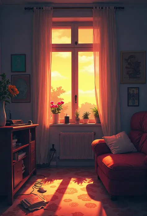 lo-fi hip-hop single cover, a perfect title "420 Days In The Year", beautiful title font, cover concept is a cozy beautiful room with creative chaos and a beautiful sunny day outside the window,  haze in the room, a warm stoned evening, high quality, high ...