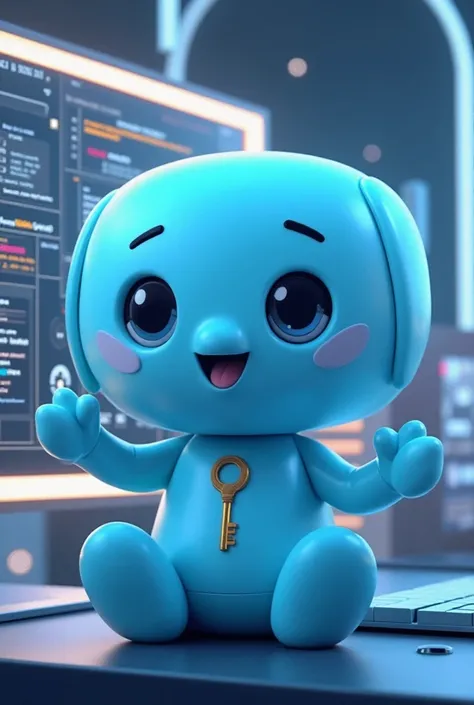  Create a mascot with the emoji : "🗝️". The mascot must have eyes , boca, nose, hands and legs. The mascot's color must be light blue and it must be seated in front of a computer