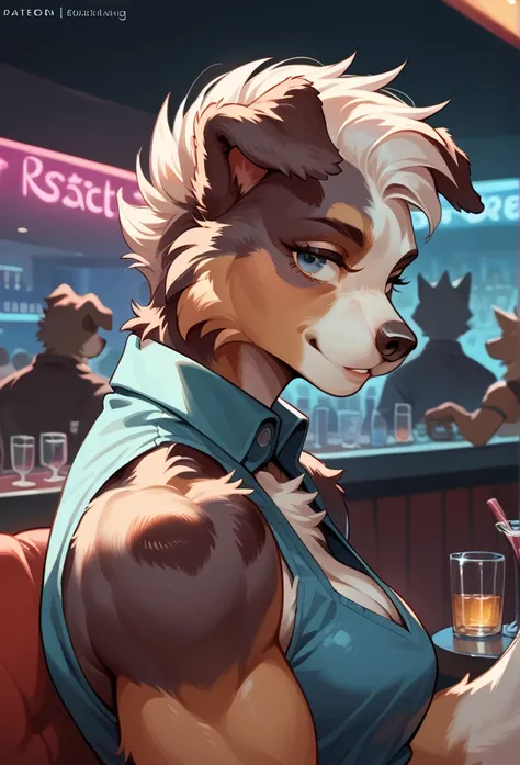 solo, female, australian shepherd, fluffy fur, lean body, source anime, best quality, seductive expression, nightclub setting, anthro, side view, looking at viewer, muscle, white mohawk