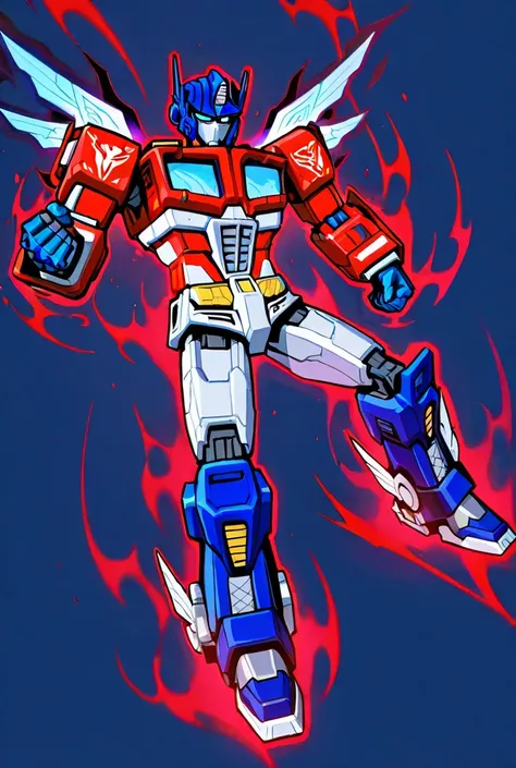 Draw the optimus prime, mix Sam from Honkai star rail, but keep the optimus prime shape mostly in white, mostly red, blue, but very few have a red aura.