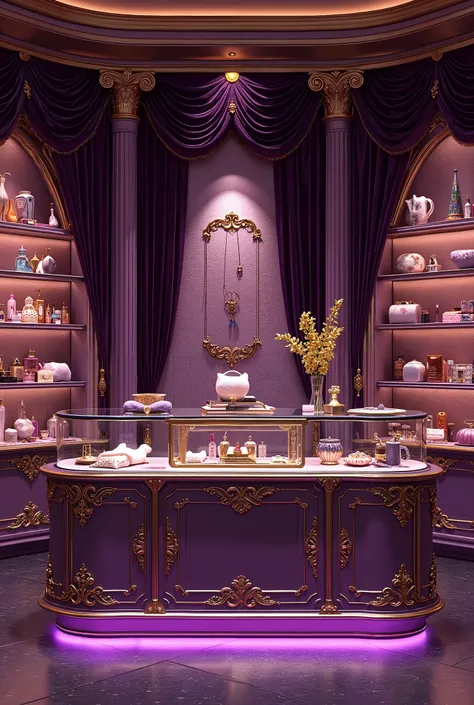 Large purple and gold sex shop interior with products on display 