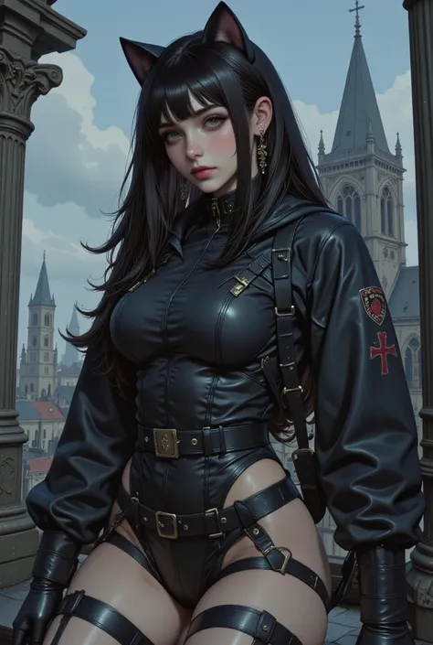 In a gritty cathedral rooftop,  catwoman wearing catwoman costume, eye mask.Hyperrealistic anime, artwork in the guweiz style, guweiz, seductive anime girl, by Yang J, by Yanjun Cheng, inspired by Yanjun Cheng, Guweiz on ArtStation Pixiv, Guweiz on Pixiv A...