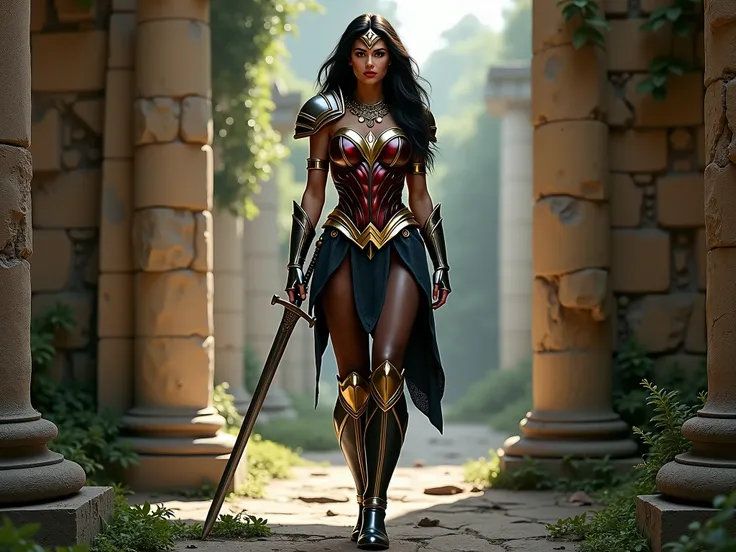 Beautiful European with sheer black pantyhose on her long legs looking like wonder woman in her armor and boots, wearing one sword and golden necklace, inside ancient temple ruins