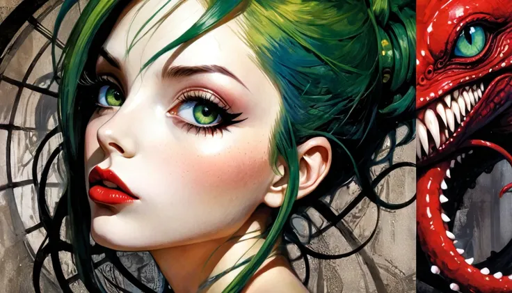 ((elegant picture frame)) (best quality,4k,8k,highres,masterpiece:1.2,ultra-detailed,realistic:1.37,portraits,steampunk,nude,green hair woman,perfect eyes,facial symmetry,,natural tits,oil painting,vivid colors,artwork by Simon Bisley and Bill Sienkiewicz,...