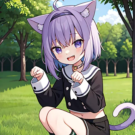 masterpiece, best quality, highres, aaokayu, short hair, purple hair, ahoge, black hairband, animal ears, cat tail, sailor collar, neckerchief, black shirt, midriff, button, white shorts, squatting, paw pose, smile, open mouth, park, outdoors, fangs