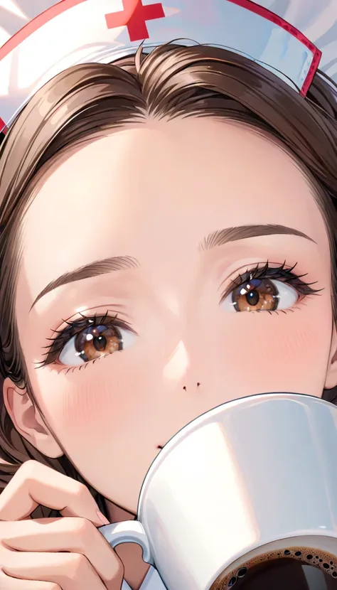 Extreme close-up, Face-focused portrait of a comforting nurse,  
top-down perspective, looking up with gentle and warm eyes,  
holding a cup of coffee, soft blush on cheeks, cozy atmosphere  

