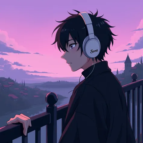 Style art anime... a 23 year old half-body male, wearing a black sweater ,  black hair color ,  uses white headphones that say 'Sora' , and he looked towards the left side,  is being squeezed over the fence ,  background scene like anime ,  there is a smal...