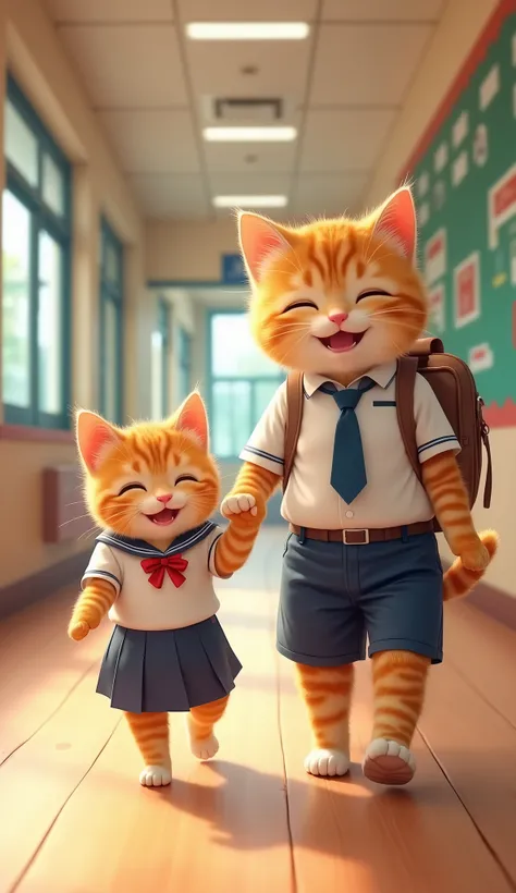 A highly detailed, ultra-realistic 4K image of two orange tabby cats walking happily through a school hallway. The smaller cat wears a Japanese schoolgirl uniform with a navy blue pleated skirt and a red ribbon, while the larger cat wears a schoolboy unifo...