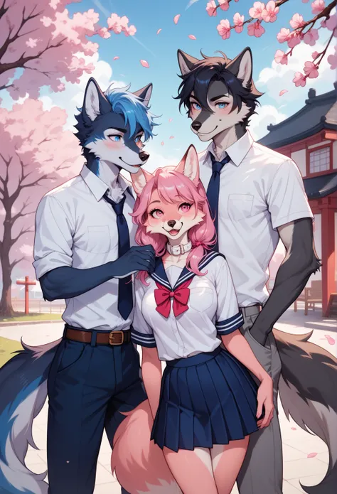 One female furry, one male furry, fox husky wolf furry, sexy, navy dark blue black hair, dark blue, black hair, midnight blue hair, navy blue hair with pink and light blue tips, light blue hair tips, purple hair tip, pink hair tips,pink eye, medium breast,...