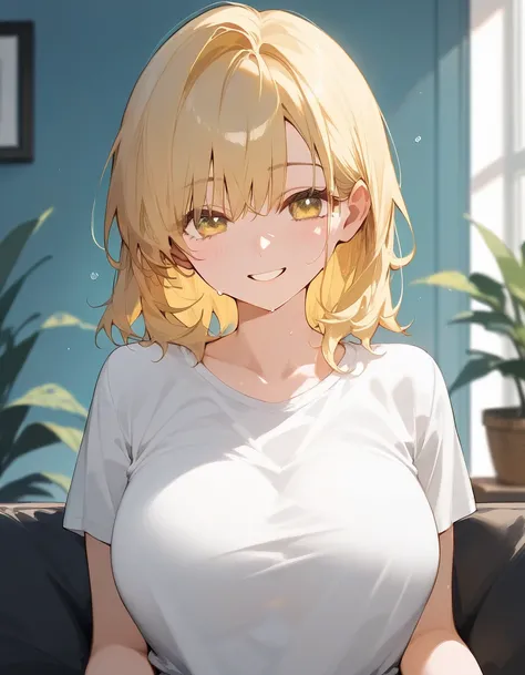 Score_9,Score_8_up,Score_7_up,highest quality, source_anime, highest quality, BREAK 1 girl, cute, 28 years old, (curvy), (medium hair:1.2), bangs, (light yellow hair:1.3), (light yellow eyes), (large breasts:0.9), close up, white t-shirts, hot pants, sitti...