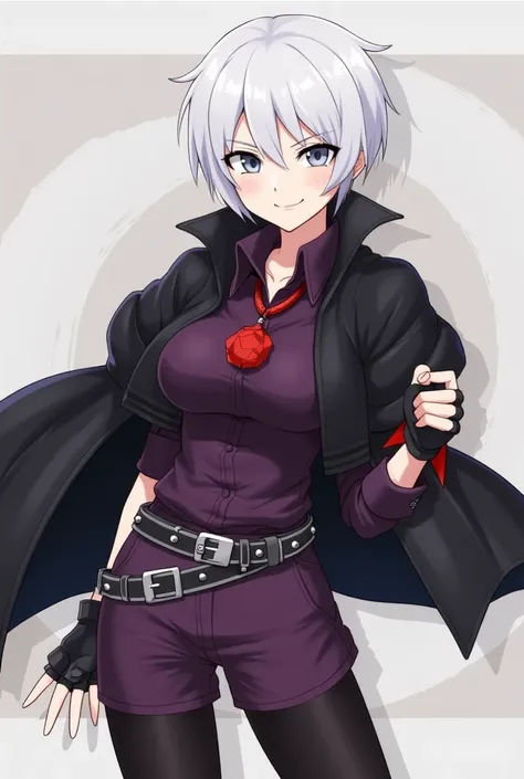 1girl, female focus, boku no hero academia, masterpiece, best quality, very aesthetic, cowboy shot, big breasts, short  hair, white hair, gray eyes, smirk, red pendant, black jaket, dark purple shirt, purple shorts, pantyhose, fingerless gloves, belt, jewe...