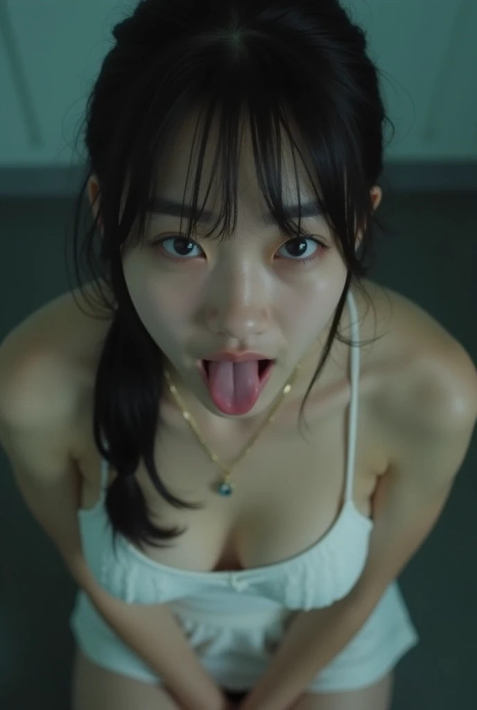  seen from above.  an  naked Korean high school girl  ,   nude hair and bride pigtail ,  small breasts were visible without a jacket ,  hand and foot bound ,  When I was looking at me 、Tied to a dark classroom chair、 and there was a lot of milk when I open...