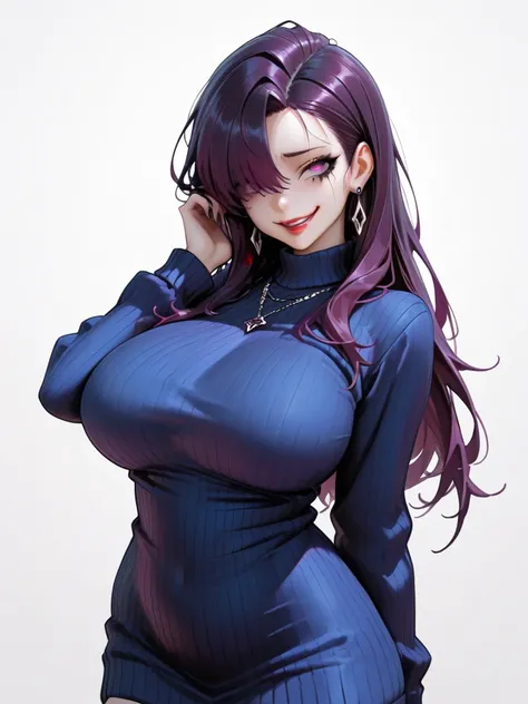 hot goth, dark purple hair, hair over eye, white bangs, gothic makeup (best quality, 8K, 32k, masterpiece, Ultra HD:1.2),Photos of beautiful Japanese women, Large Breasts, Super Short Bob Hairstyle,Upper Body, (Tight blue sweater dress, crazy smile, at the...