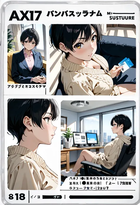 score_9, score_8_up, score_7_up, source_anime, cute boyish girl ,very short hair, defined eyebrows, black hair, Aquiline nose, Techno Cut, big breasts:1.3,(((short stature))), ((looking at business card)), Relaxing on home, beige loungewear, focus leg, pro...