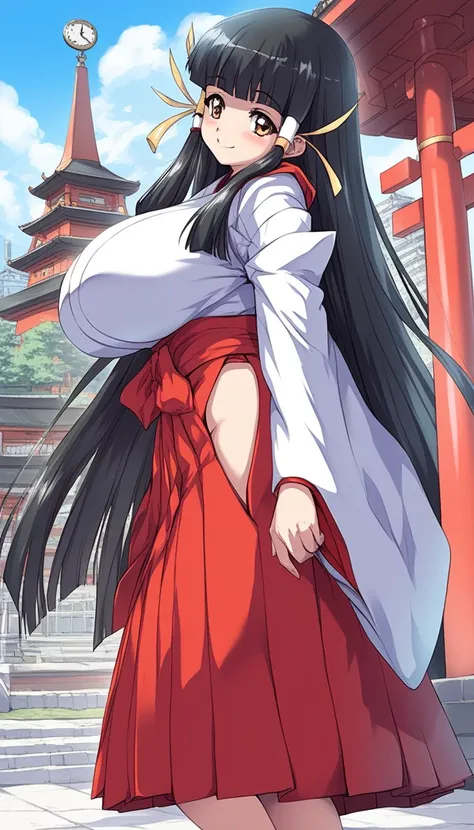 score_9, score_8_up, score_7_up, source_anime, rating_explicit, 1girl, BREAK  KasugaMaori, very long hair, black hair, huge breasts, hair ribbon, brown eyes, hair tubes, bangs, hime cut,miko, japanese clothes,red hakama,  hakama skirt, micro mini pleated s...