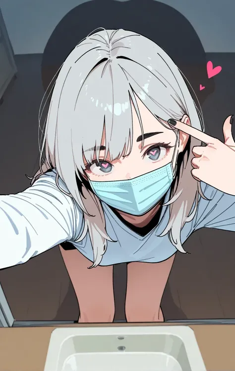 
hand close-up, from above, selfie, outstretched arm, grey hair,  (surgical mask:1.2),  heart-shaped pupils, black eyebrows,  (finger gun to head:1.2), 
1girl, solo, foreshortening, reaching towards viewer, bent over, leaning forward, black nails, hand clo...