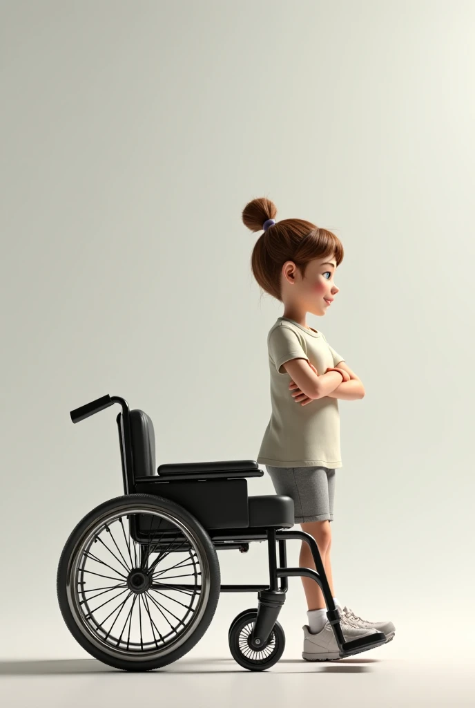  A girl is standing on the left side of an empty wheelchair, The girl has a proud expression  