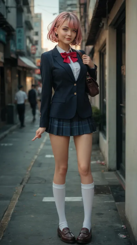 The character is a young woman with short, pink hair styled in a slightly tousled manner. She has large, expressive pink eyes and a fair skin tone. She is wearing a school uniform consisting of a dark navy blazer with a red bow tie, a pleated skirt, and kn...