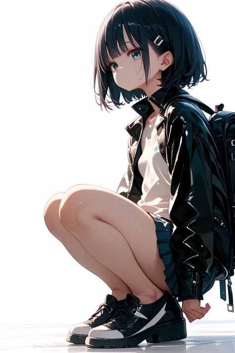  high school girl、 Height、black hair,short bob,small breast,(shiny skin:0.5),from front view,full body、 expressionless ,Leather jacket,Backpackを背負う、Backpack、 plain white background