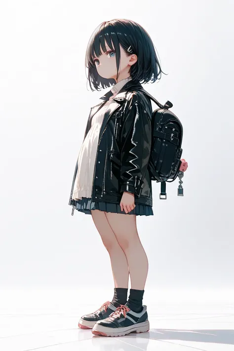  high school girl、 Height、black hair,short bob,small breast,(shiny skin:0.5),from front view,full body、 expressionless ,Leather jacket,Backpackを背負う、Backpack、 plain white background