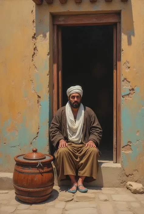 a painting of a man sitting in front of a building, orientalism painting, eastern art style, inspired by Osman Hamdi Bey, arabian art, by Osman Hamdi Bey, by Altoon Sultan, orientalist painting, by Rudolf Ernst, orientalist, beautiful depiction, by Marek O...