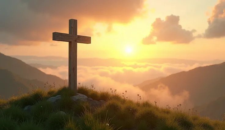 (photorealism:1.2), A majestic wooden cross standing on a grassy hilltop at sunrise, surrounded by a breathtaking landscape. The golden sun rises over the horizon, casting warm rays through a sky filled with soft, dramatic clouds. A layer of mist blankets ...