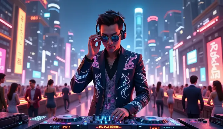 Beautiful male DJ with a captivating smile, looking directly into the camera. He wears stylish sunglasses and a high-fashion cyber-glam outfit—an asymmetrical, illuminated jacket with pulsing neon patterns, a futuristic vest with holographic details, and i...