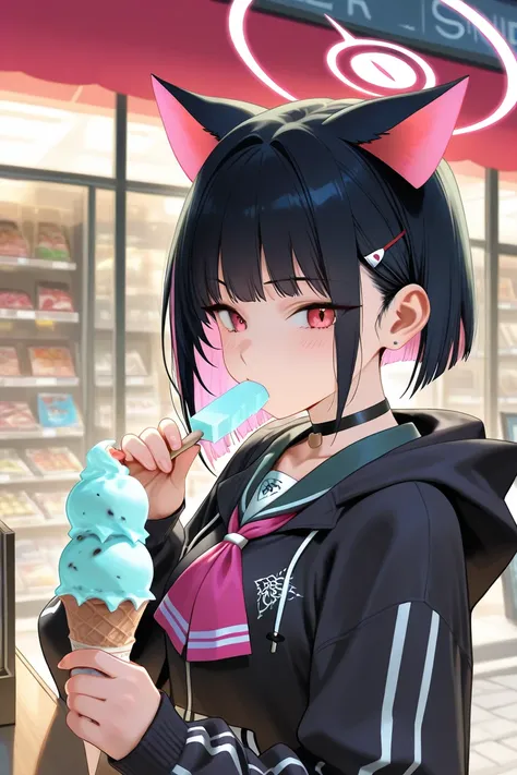 Blue Archive Kazusa, Kazusa eating ice cream on the street corner, ice cream, buying and eating, Kazusa on Sunda