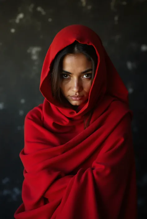 **Image of a Brazilian female model, wrapped in a bright red scarf. The background has a textured, almost painterly effect, while the foreground is dominated by the woman's intense gaze. The background is artistic, with a dreamlike black backdrop. The mode...