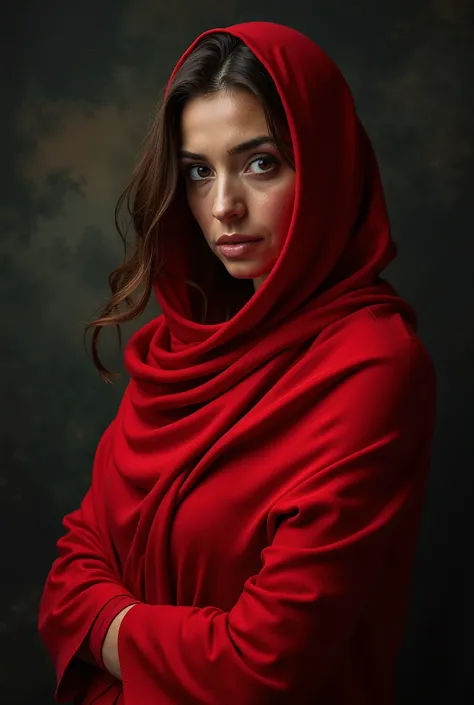 **Image of a Brazilian female model, wrapped in a bright red scarf. The background has a textured, almost painterly effect, while the foreground is dominated by the woman's intense gaze. The background is artistic, with a dreamlike black backdrop. The mode...