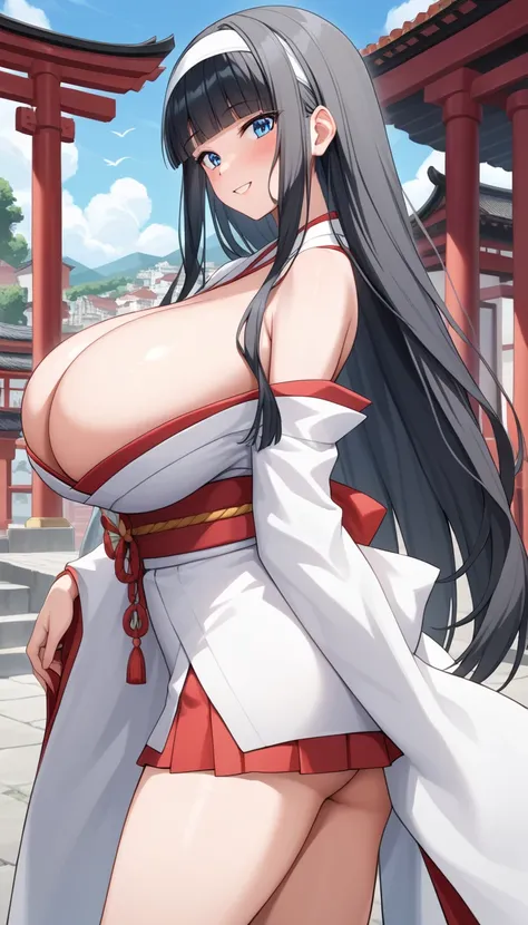 Score_9, Score_8_up, Score_7_up, sauce_anime, anime coloring, anime screencap:1.2, Flat Color, Goddess Magazine, best quality, masterpiece, 1girl, Girl in Japanese shrine maiden outfit, (((absurdly long black hair,straight bangs, blunt bangs,White headband...