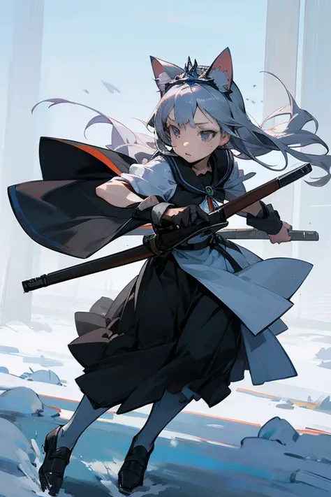  top quality,   Ultra High Resolution,(( cute middle school girl))、 hold a musket,Cat ears、 、Long silver hair, grey eyes、snow white、 tiara 、 battle scene