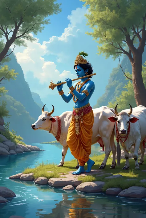 blue cute krishna playing flute near cows and a river 

