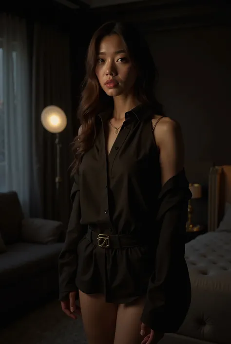 A hyper-realistic 4K depiction of a Japanese woman in a chic casual outfit, standing in a dark and luxurious bedroom. A single soft white light illuminates her, casting a dramatic yet elegant glow on her face and outfit while leaving most of the room in sh...