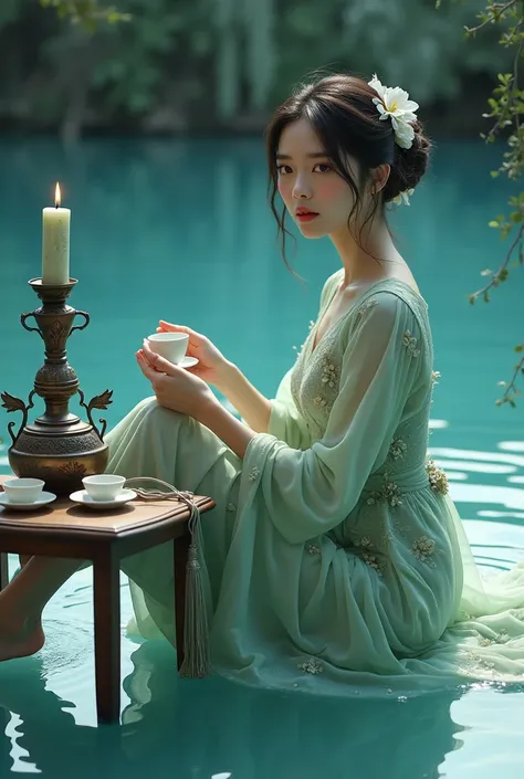 A Japanese woman with a very beautiful beauty like an actress

A mesmerizing and ethereal portrait of a young woman dressed in a delicate green silk dress with intricate floral embroidery, evoking an elegant and timeless aesthetic. She is seated gracefully...