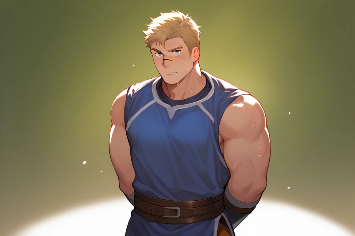 cowboy_shot, nsfw, 8k, highres, masterpiece, looking_at_viewer, 1boy, (height:180-185cm), mature_male, bara, muscular, athletic, (short_hair, blonde_hair, strong_jawline, scar_under_right_eye, blue_eyes), straight_nose, confident, energetic, medieval_knigh...