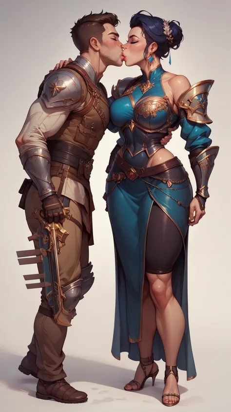 score_9, score_8_up, score_7_up, score_6_up, (((beautiful looks))) (((best quality))) (((HD))) (((8k))) (((extreme detail))). Character design sheet. full body. Wide hip. Sexy mature female sorcerer kissing a male warrior.