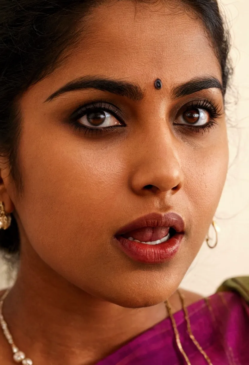 Ultra detailed photo of malayali woman, beautiful girl, highest quality realistic skin, eyes in focus, 30 years old, focus on mouth, open mouth, saliva, open mouth wide, inside of mouth visible, ponytail hair, mouth open wide, uvula visible, mouth open wid...