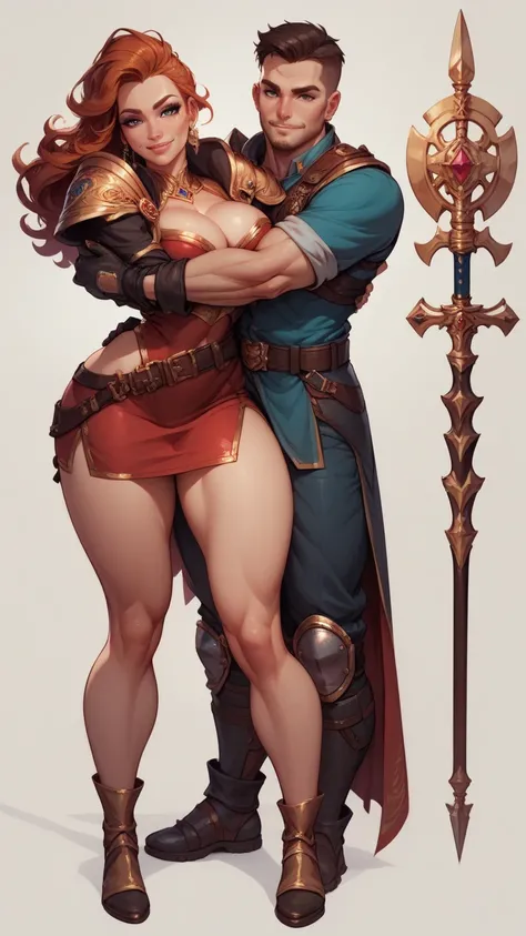 score_9, score_8_up, score_7_up, score_6_up, (((beautiful looks))) (((best quality))) (((HD))) (((8k))) (((extreme detail))). Character design sheet. full body. Wide hip. Sexy mature female sorcerer hugging lovingly with a male warrior.