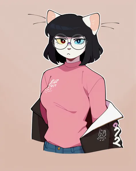 score_9_up, score_8_up, score_7_up, score_6_up, half-length portrait, cat, medium breasts, black hair, white body, heterochromia, jacket, female, round glasses, jeans, white sneakers, cat tail, looking at viewer, solo, neutral expression, three-quarter vie...