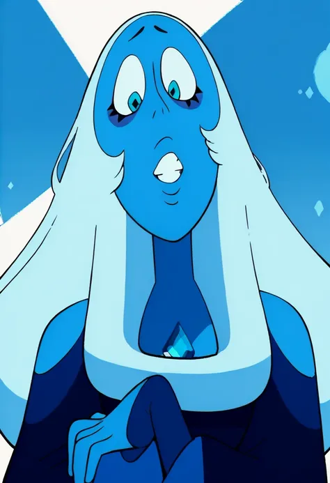 Blue Diamond, anthro, giant female, blue skin, long blue hair, blue eyes lining, blue eyes,whole body,big breasts,big ass,curvy body,thick lips, gem on chest, long dark blue dress, long sleeves,