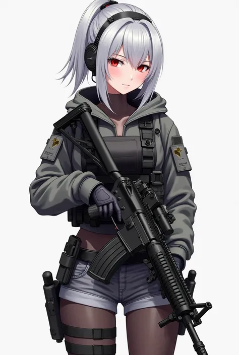  A tactical anime-style adult female soldier wearing tactical gear with a glamorous figure。Tie your silvery hair into a short ponytail、 has red eyes 。 has a confident and seductive look 。 equip it with black tactical armor over a gray hooded jacket、 thigh-...