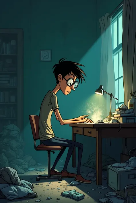 a depressed tall cartoon character hundhed over sitting on his desk in his rokm wearing glasses, very skinny, in a room full of trash, smoking cocaine off the table