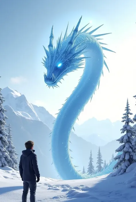 Create a hyper-realistic front view image of an icicle snake dragon flying through a snowy sky. The dragon should have a sleek, crystalline body that glistens like ice in the sunlight. Its scales should resemble sharp, jagged icicles, with a shimmering, tr...