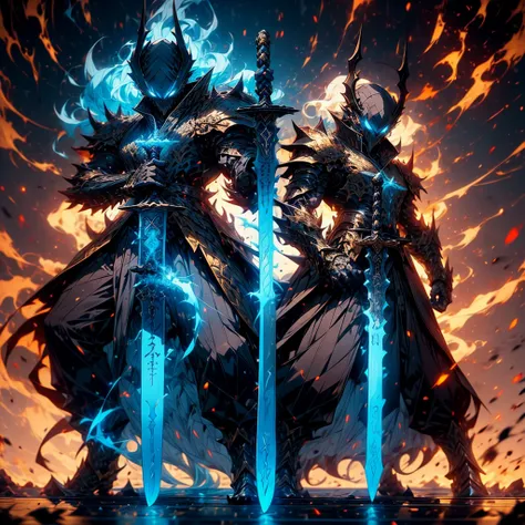 Male Raging Dragon Slayer, Black and Gold dragon armor, Fearful Eyes, Death Stare, Sword in his hand, mixture of blue elements raging from his sword and from behind, facing toward camera