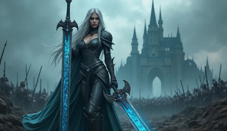 Anime Elf Death Knight big breasts long silver hair, two-handed sword covered with runes with blue glow, dead army in the background, Gloomy gothic castle, battlefield