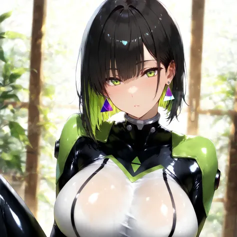 masterpiece, (((( best quality )))),1 girl, Japanese Anime ,character profilele,shiny skin, wearing a black pilot suit, dark hair, short bob hair,The inner color of the hair is green, green eyes,isosceles triangle earrings, black tights,large breasts