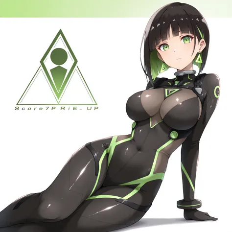 masterpiece, (((( best quality )))),1 girl, Japanese Anime ,character profilele,shiny skin, wearing a black pilot suit, dark hair, short bob hair,The inner color of the hair is green, green eyes,isosceles triangle earrings, black tights,large breasts