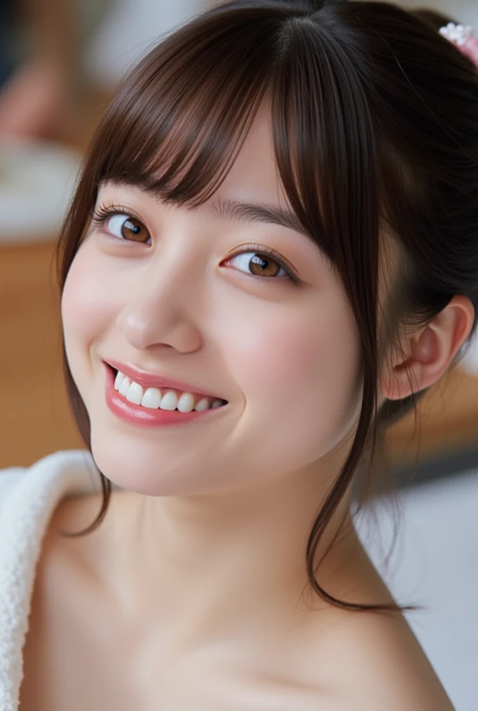 Hashimoto Kanna, bangs, smile, Young and  cute Japanese faces ,  official art,  High Definition CG Unity 8k Wallpaper,  Ultra High Definition ,  very detailed, Half photo ,  film grain ,  Lens Flare Glow  ,  top quality ,8k, viewer , (( Masterpiece)), ((  ...