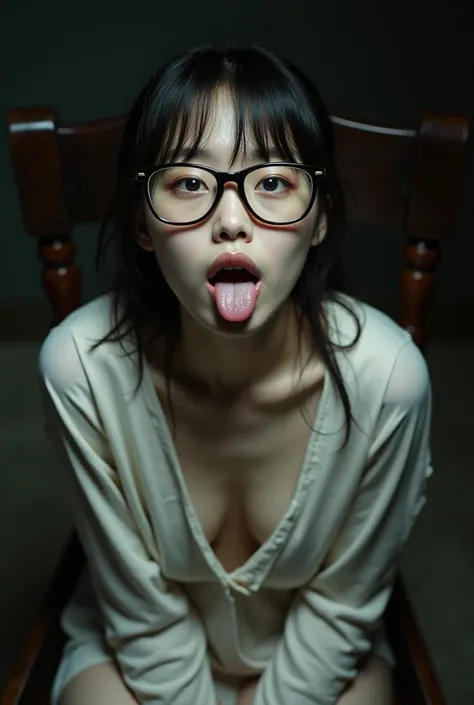  seen from above.  an  naked Korean high school girl  , nude hair and bride pigtail , small breasts were visible without a jacket ,  hand and foot bound , is watching me,Tied to a dark classroom chair , white peanut milk is dripping on her boobs , the insi...